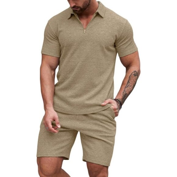 Men Brown Polo Geometric Texture Casual Shirt & Shorts Set Outfits Sweat Suits - Picture 1 of 9